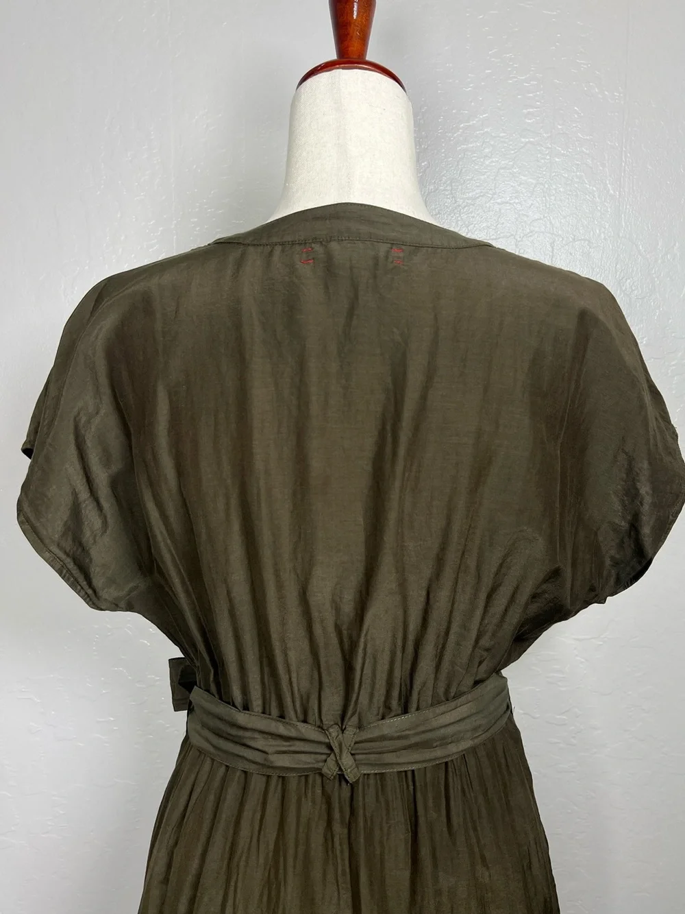 XIRENA Women’s Size S Olive Green Cotton Short Sleeve Faux Wrap Belted Dress - Picture 8 of 10